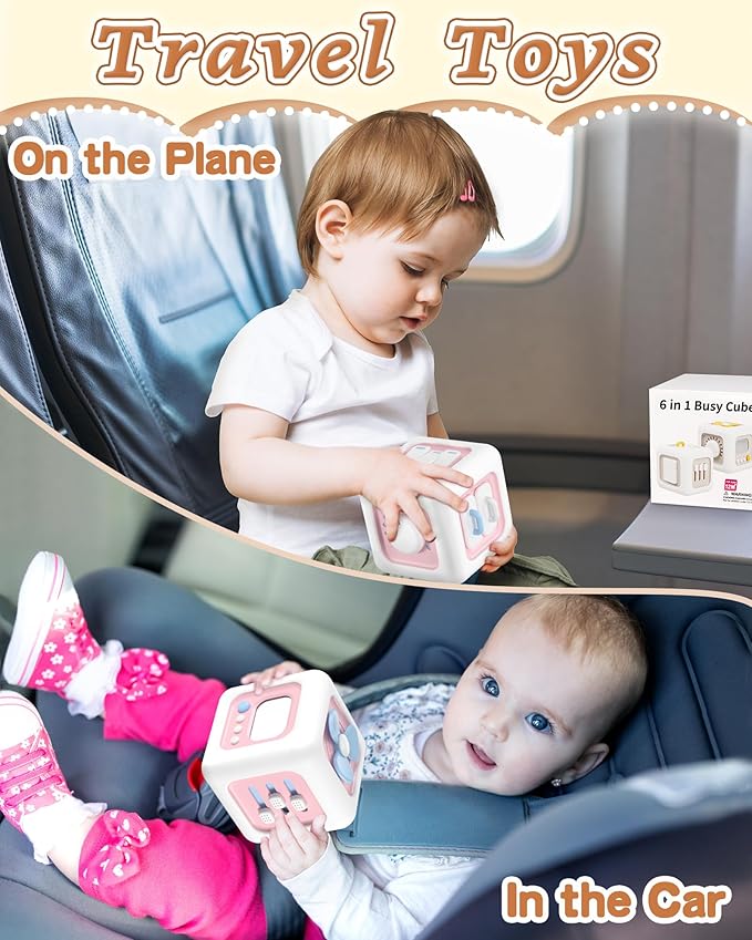 6 in 1 Busy Cube Montessori Toys for 1 Year Old Girl, Baby Sensory Toys for Ages 1-3, Toddler Learning Activities Travel Toy Birthday Gift for 1 2 3 Year Old Girl -Pink