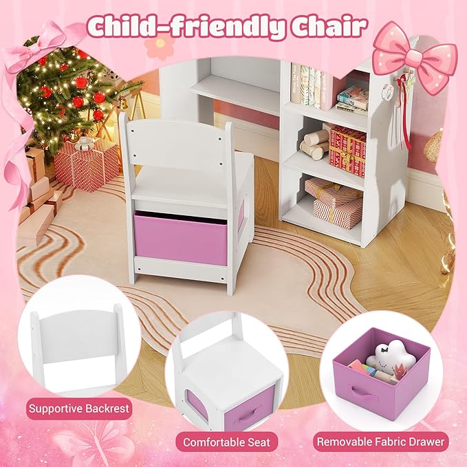 Costzon Kids Vanity with Lights, Girls Vanity Set with Mirror, Storage Drawer, Hooks & Shelves, Toddler Makeup Vanity Desk Dressing Table, Wooden Kids Vanity Table and Chair Set (White)