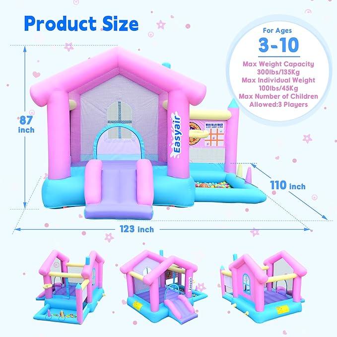 Inflatable Bounce House for Kids 3-10, 123" L x 110" Bouncy Castle, Jumping, Slide, Basketball Hoop, Ball Pits, Rings, Target Game Blower Included
