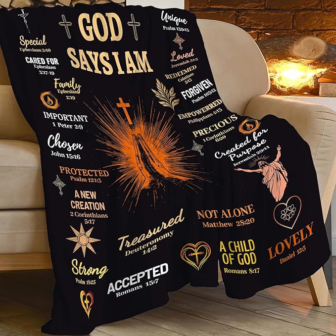 Bible Verse Blanket Spiritual Prayer Christian Faith Throw Inspirational God Says I Am Scripture Religious Gifts for Women Men Adults Girls Soft Cozy Plush Fuzzy Fleece Blanket Decor 60''X80''