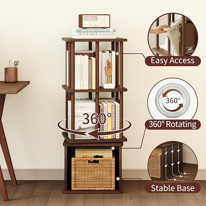 IOTXY 3-Tier Rotating Bookshelf Tower - Beech Wood Frame Spinning Bookcase with Storage Base, Compact Freestanding Revolving Shelf Organizer, Walnut