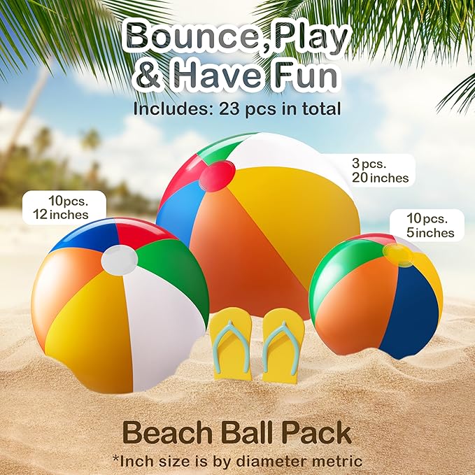 23 Pcs Rainbow Beach Balls Bulk Variety Pack - (10) 5-inch, (10) 12-inch, (3) 20-inch Sizes Large Beach Ball - Inflatable Vinyl Pool Toys for Kids, Themed Party & Pool Party Decorations