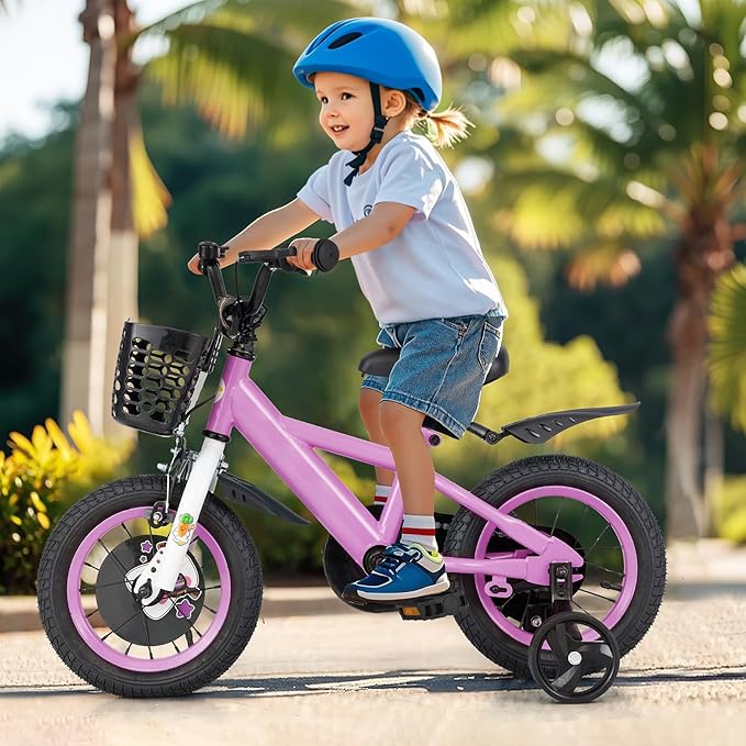 BABY JOY Rabbit Pilot Sporty Kids Bike, 12 14 16 18 Inch Child Bike for 3-8 Years Old with Adjustable Height, Training Wheels, Storage Basket, Handbrake & Coaster Brake, Kids Bicycle for Girls Boys