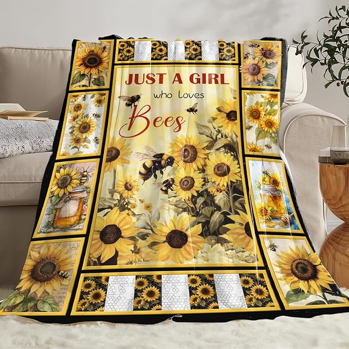 Bee Blanket for Boys Girls, Bee Sunflowers Flannel Throw Blanket, Fleece Soft Cozy Stuff Blankets Gift for Women Men Couch Sofa Bed 50" x 40"