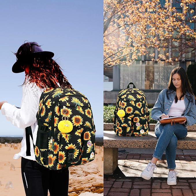 Hidds Laptop Backpacks 16 Inch School Bag College Backpack Anti Theft Travel Casual Daypack Bags Cute Bookbags Large Colorfull Carry on Back Pack for Teens Girls Women Students (Sun Flower Black)