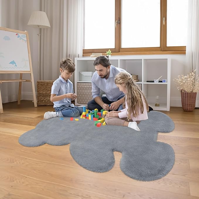 4x5.3 ft Grey Bear Shaggy Large Rug, Soft Fluffy Faux Sheepskin Fur Rug Fuzzy Shag Area Rug Cute Plush Carpet for Nursery Kids Girls Bedroom Room Aesthetic Living Room Floor Home Decor, Grey