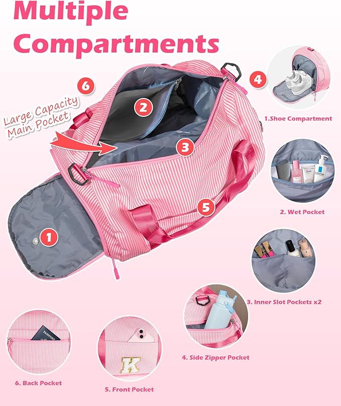 Birthday Gift for Teen, Girls Travel Duffle Bag, Kids Initial Overnight Bags with Shoe Compartment, Personalized Weekend Bag with Makeup Pouch, Girly Cute Stuff Trip Essentials (Letter J)