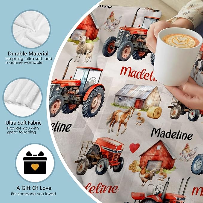 Custom Red Farm Tractor Blanket with Name PersonalizedRed Farm Tractor Blankets for Girls Boys Women Men Customized Blanket Gifts for Birthday 40"x50"for Kids/Small Pets