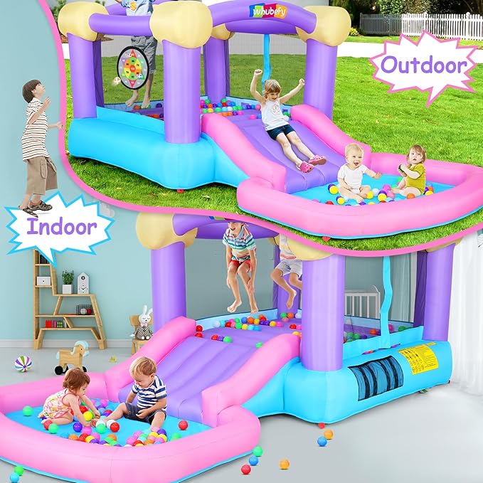 Inflatable Bounce House for Kids 3-6 with Water Slide Ball Pit Pool & 50 Ocean Balls, 5 in 1 Bouncy Castle w/ 6 Sticky Ball Dart Board Game, Basketball Hoop, Storage Bag & Blower Indoor Outdoor Party