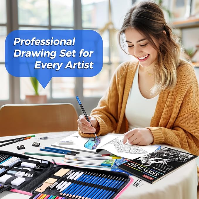 106 Pack Drawing Set Sketching Kit, Pro Art Supplies with 3-Color Sketchbook, Coloring Book, Graphite Colored Charcoal Watercolor & Metallic Pencils, Drawing Supplies Gift Case for Artists Adults Kids