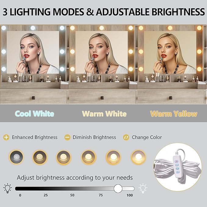 Vanity Desk with Mirror and Lights, Small Makeup Vanity Table with RGB Storage Cabinet & Power Strips & Shelves, 3 Lighting Modes & Adjustable Brightness, Dressing Table for Women Girls Bedroom, Grey