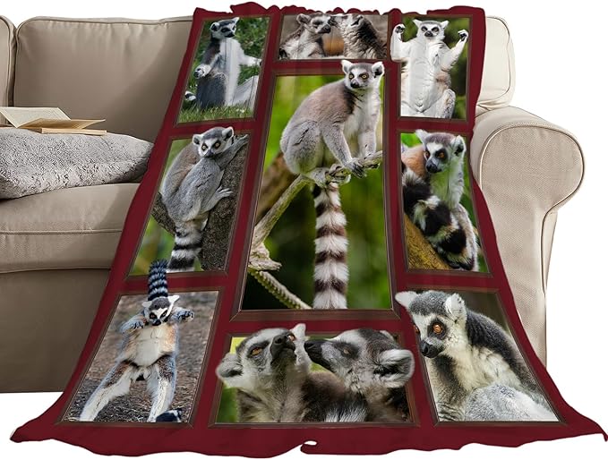 Lemur Blanket Fleece Soft Warm Plush Lemur Blanket Lightweight Plush Fuzzy Cozy Wild Animal Blankets for Lover Kids Adult Suitable for Couch Sofa Bed 80"X60"