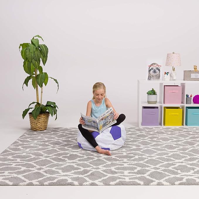 Posh Creations Kids Stuffed Animal Storage Bean Bag Chair Cover - Childrens Toy Organizer, Medium-27in, Sports Soccer Ball Purple and White