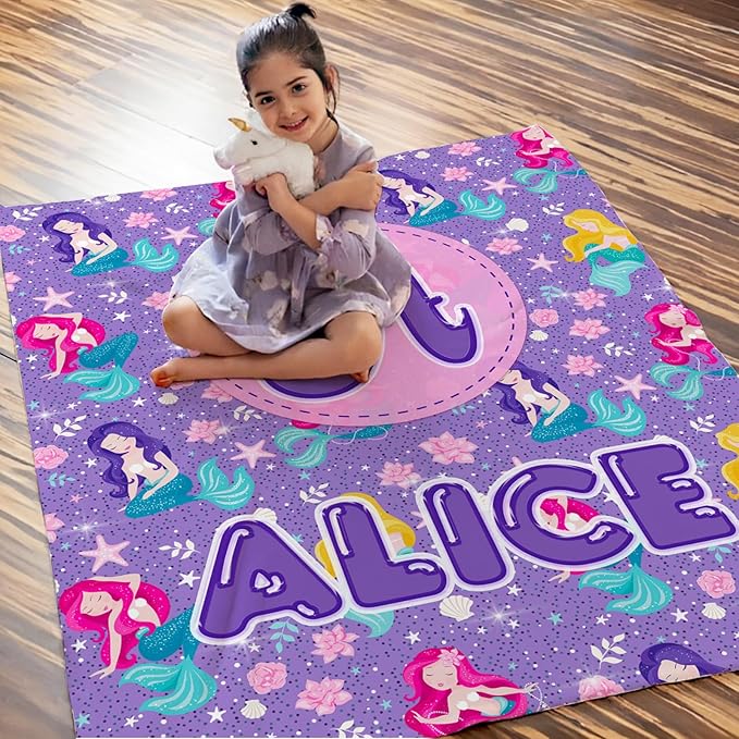 Kids Girls Blankets Gift, Personalized Mermaid Blanket with Initial Monogram Name for Kids Toddlers Girls Age 6-8, Soft Cozy Flannel Throw for Sofa Bed Couch Decor