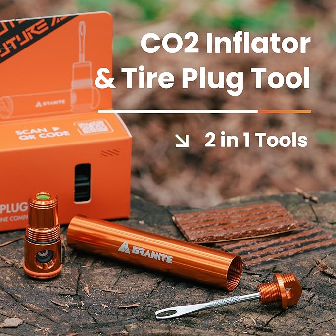 Granite Suture Aero Tire Plug Kit with Integrated CO2 Inflator, Tubeless Tire Repair Kit with 2 Size Plugs, CO2 Tire Inflator Works with Presta Valve