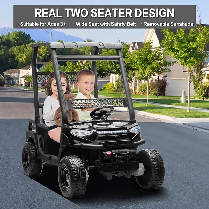 24V 2 Seater Kids Ride on Car, 4WD Golf Cart with Parent Remote Control, 4x4 Motors Ride on Truck with Roof, Toddler Electric Vehicle with Storage Box, Foot Pedal, Music Player, Lights, Horn, Black