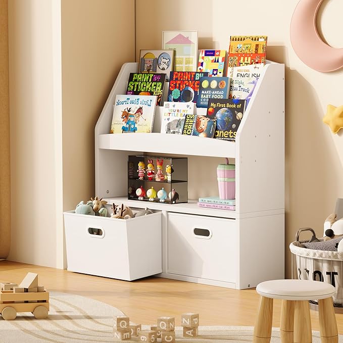 Homeiju Kids Bookshelf & Toy Storage Organizer with 2 Fabric Bins, 3 Tier Children Book Shelf, Toddler Bookcase for Toddler, Kids Room, Toys, Nursery, Playroom, White
