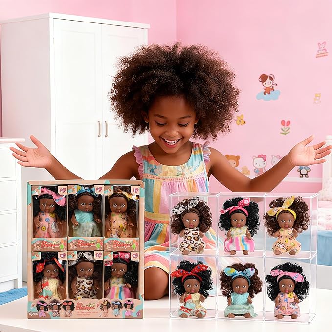 Adorable 6 Pack African Girl Dolls - Posable 4-Inch African American Dolls with Curly Hair & Stylish Outfits