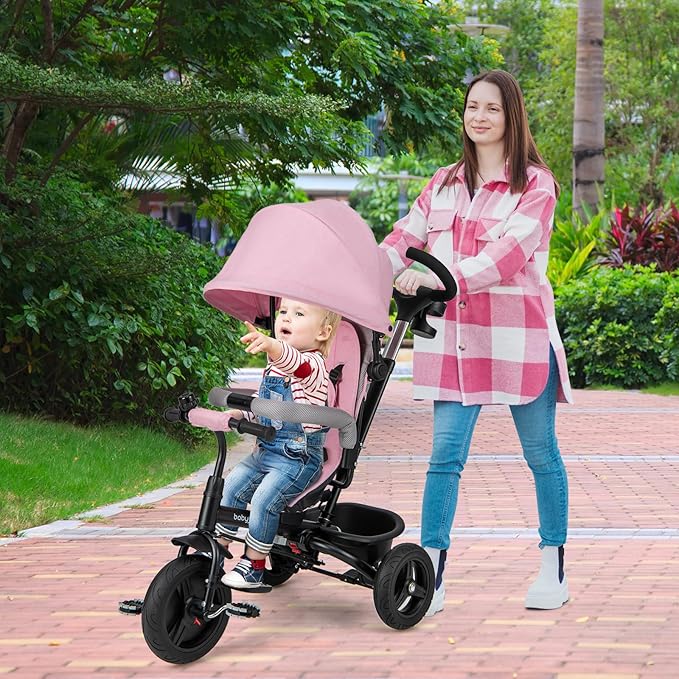 BABY JOY Tricycle, 6 in 1 Tricycle for Toddler w/Reversible Seat, Adjustable Canopy & Parent Handle, 5-Point Safety Belt, PU Wheels and Storage Basket, Push Tricycle for 9-60 Months (Pink)
