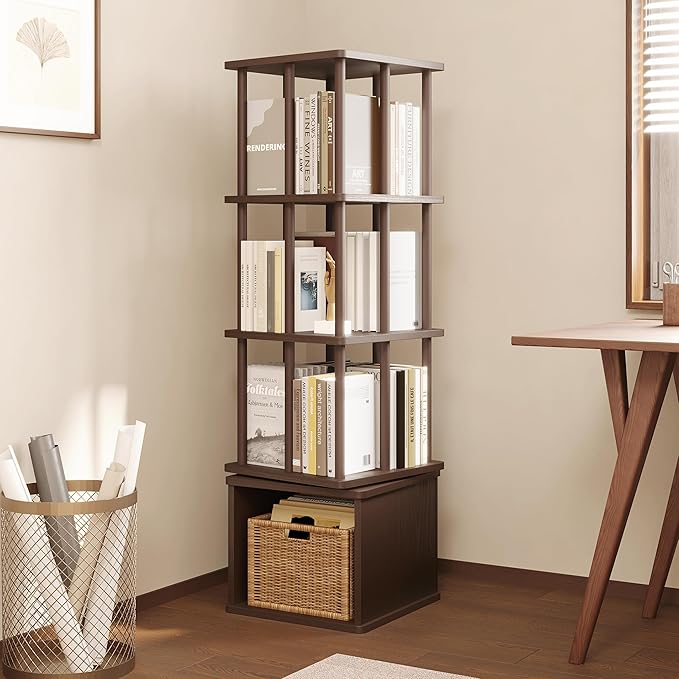IOTXY 4-Tier Rotating Bookshelf Tower - Beech Wood Frame Spinning Bookcase with Storage Base, Tall Freestanding Revolving Shelf Organizer, Walnut