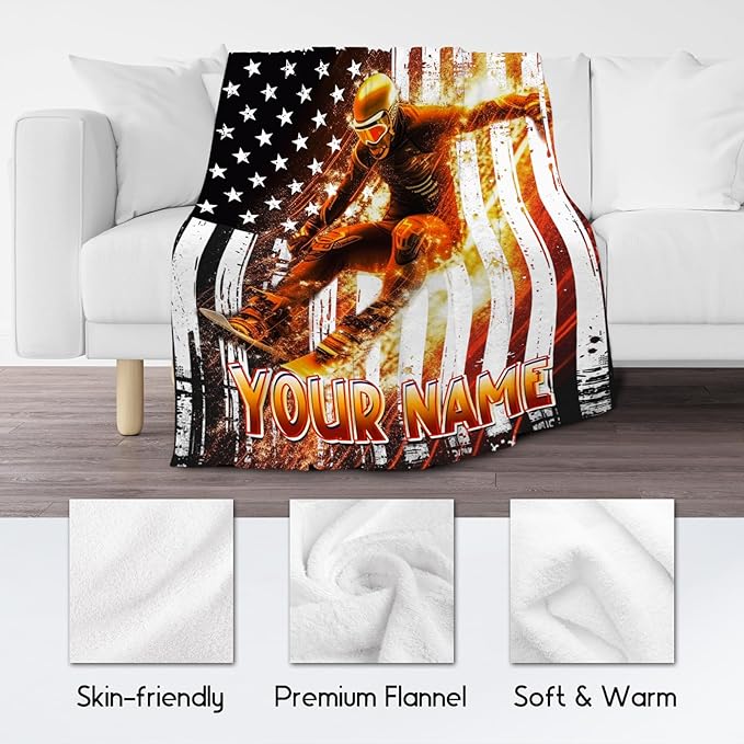 Personalized Blanket for Boys, Kids Blanket for Ski Lovers, Custom Gifts for Boys, Skiing Sports Throw for Kids, Plush Throw for Couch & Sofa, 40"x50"