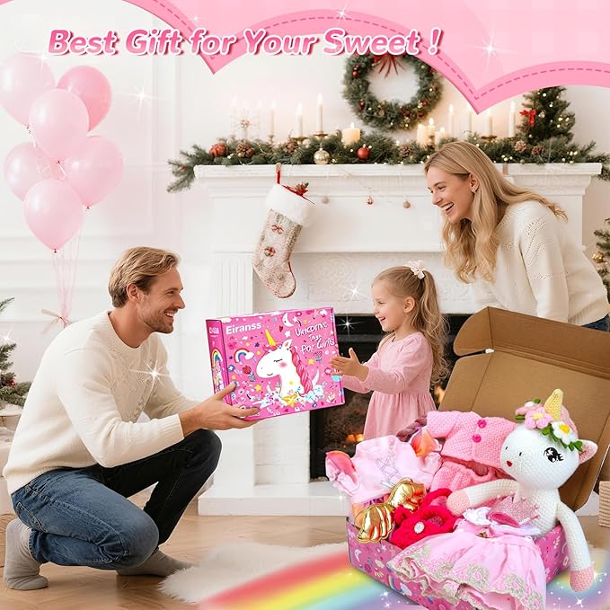 Unicorns Toys for Girls Age 3-10, Ballerina Stuffed Animal Girl Toys with 3 Set Clothes & Plush Storage Bag, Dress up Doll Birthday Gift for Toddles Girls Stocking Stuffers