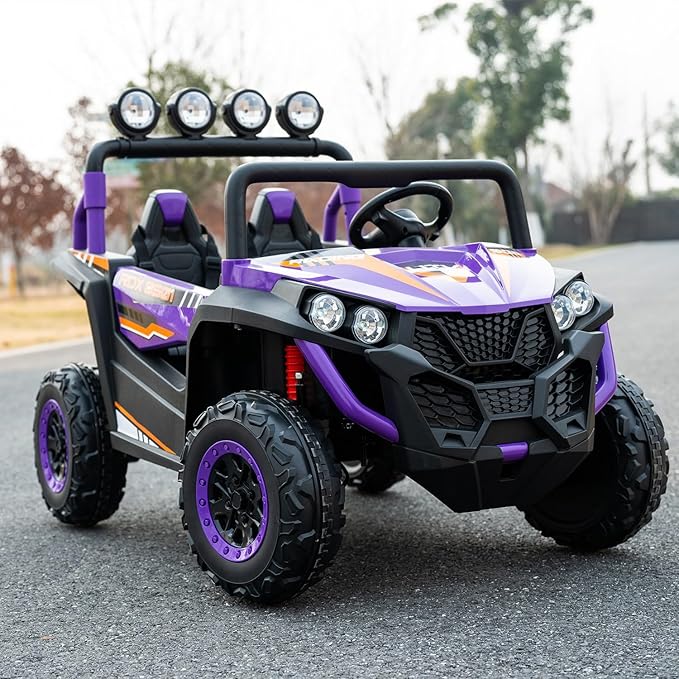 24V 2-Seater Kids Ride-On UTV, 4WD Electric Car with Parent Remote Control, 4x200W Motor, LED Headlights & Searchlights, Bluetooth Music, Spring Suspension, 3-Speed Off-Road Toy Gift, Purple