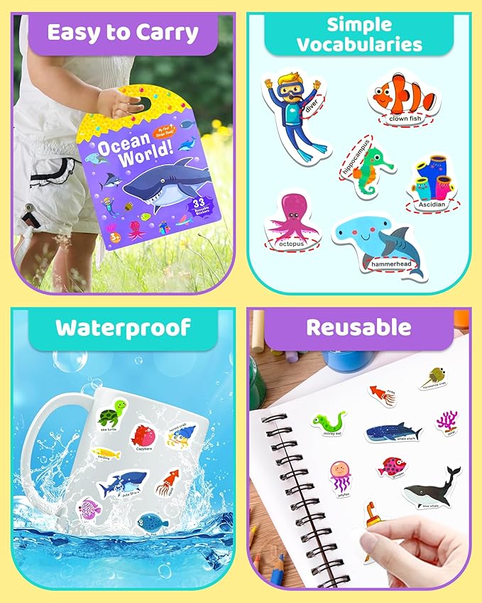 Benresive Reusable Sticker Book for Toddlers 2-4 Years, Fun Travel Stickers for Kids, Waterproof Sticker Books for Toddlers 1-3, Crafts Activities for Toddler 1-3 2-4 3-5 - Ocean World