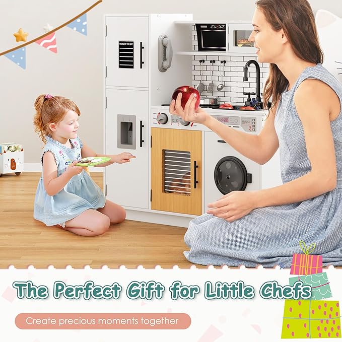 DlandHome Kids Kitchen Playset, Pretend Kitchen Playset with Real Lights & Sounds, Chef Pretend Play Set with Refrigerator, Microwave, Oven, Ideal Toy Gift for Toddlers and Kids Ages 3+