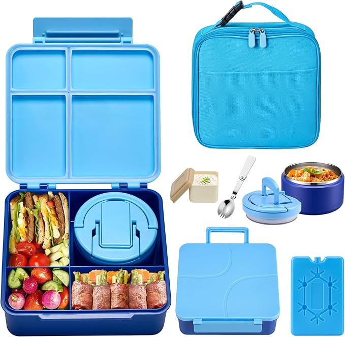 Bento Lunch Box with 8oz Soup Thermo,Kids Leakproof 4 Compartment Lunch Food Containers with Sauce Cup and Ice Pack,Kids Thermo Insulated Hot Food Jar and Lunch Bag for School,Trvael-Blue
