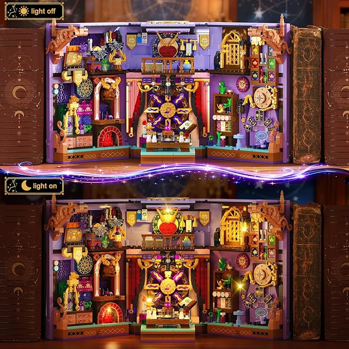 Upgraded Mystic Divination Book Nook Building Set with Rechargeable Lights, 1447 PCS DIY Magic Booknook Building Block Kit Home Decor, Miniature Book House Model Gift for Adults Boys Girls 12+