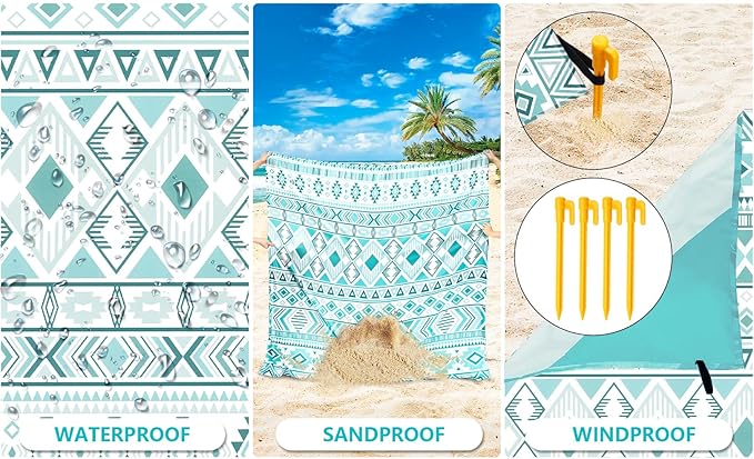Beach Blanket Waterproof Sandproof Beach Mat 79" X 83"/10'x9'for 2-8 Adults Quick Drying Outdoor Picnic Mat Beach Accessories for Travel, Camping, Hiking