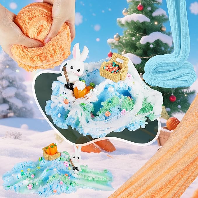 Bunny Cloud Slime Kit 2 Pack - 14oz Non Residue Christmas Slime Kit for Kids, Includes Winter Bunny & Santa Claus Charms, Slime Add-ins, Glitter, ASMR Sensory Toys Gifts for Birthday Holiday