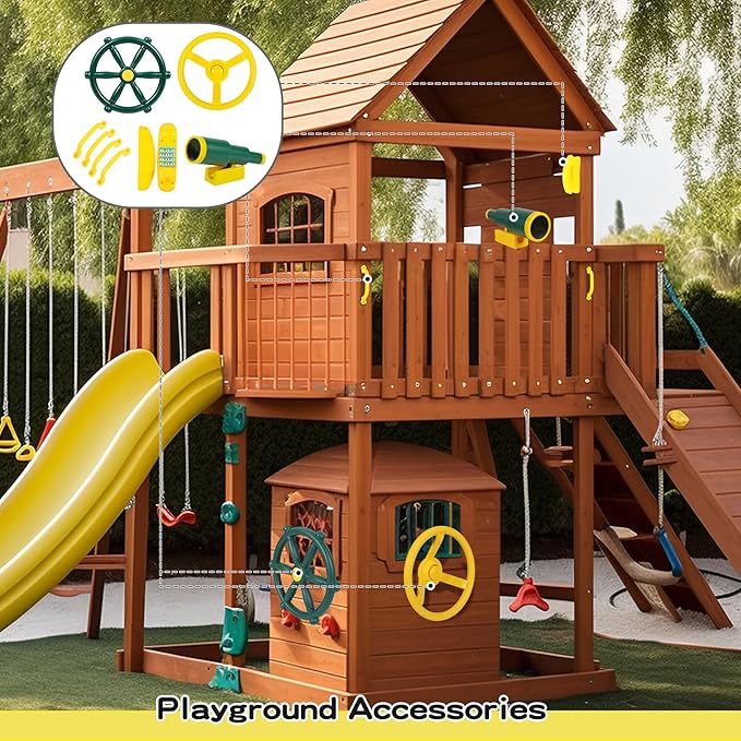 RedSwing Playground Accessories for Kids, Outdoor Playground Attachments with 2 Pirate Ship Wheel, Toy Telescope, Telephone and Safety Handles (Yellow and Green)