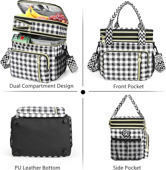 LOKASS Lunch Box for Women-16L-Insulated Lunch Bag Women, Expandable Double-layer Leakproof Cooler Bag with Upgrade Adjustable Shoulder Strap Ideal for Work/Travel/Picnics（Black&White Check）