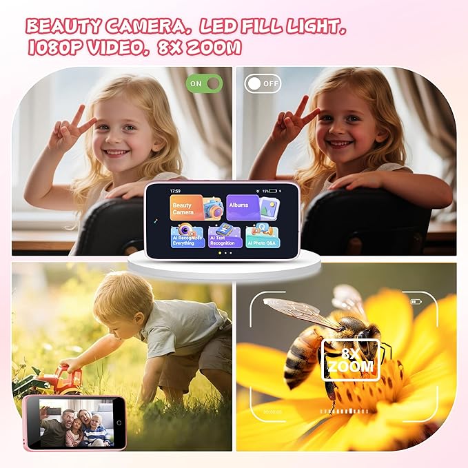 Kids Camera, 3.97IN AI Digital Camera with Beauty Camera, Flashlight, 1080P HD Video Selfie Camera Dual Lens, Portable Toy Christmas Birthday Gifts for Children, 2000mA(Pink)