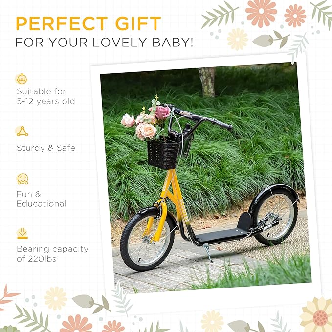 Aosom Youth Scooter, Kick Scooter with Adjustable Handlebars, Double Brakes, 16" Inflatable Rubber Tires, Basket, Cupholder