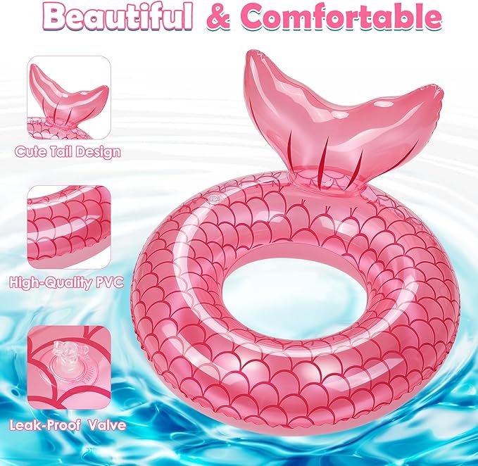 HeySplash Pool Floats Kids, Inflatable Swimming Ring Mermaid Tail Shaped Swim Tube Floaties, Summer Water Fun Beach Party Swimming Pool Toys for Kids Children Water Activities, Rose Gold