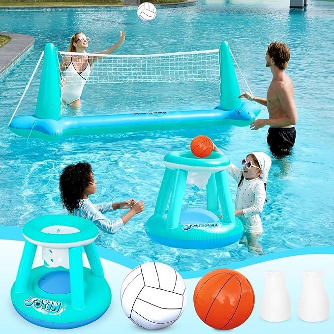 JOYIN XL Inflatable Pool Float Set, 125'' Volleyball Net & Basketball Hoops, Extra Large Floating Swimming Game Toy for Kids and Adults, Summer Floaties, Volleyball Court|Basketball, XL-Blue, Cyan