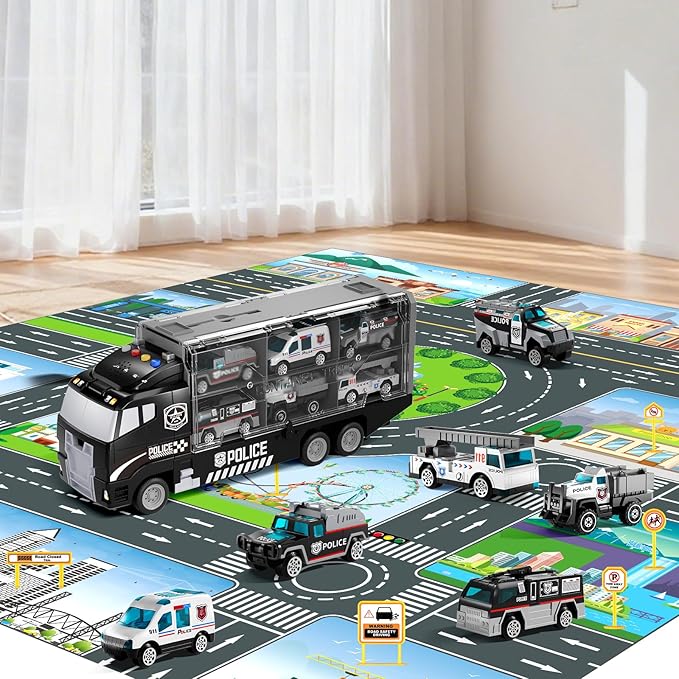 Toddler Boys Toys for 3 4 5 6 Years Old, Police Truck Vehicle Toy Set with Play Mat and Die-Cast Toy Car, Transport Carrier Truck for Kids, Birthday Gifts Toys for 3 4 5 6 7 8+ Year Old Boys