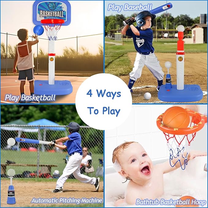 2 in 1 Toddler Basketball Set with Automatic Pitching Machine, Adjustable Height, Bathtub Hoop for Indoor/Outdoor Play, Blue