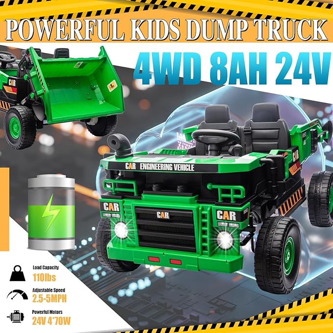 24V 4WD 2-Seater XL Kids Ride on Truck Electric Toy Car with Electric Dump Bed, Parents Remote Control Kids Car Tractor Toys Ride-on Dump Truck for Boys and Girls Ages 3+, Geen