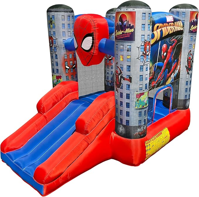 Funormous Marvel Spider-Man Bounce House with Slide, Kids Inflatable Spiderman Bouncy Castle Indoor Outdoor Plus Heavy Duty Air Blower