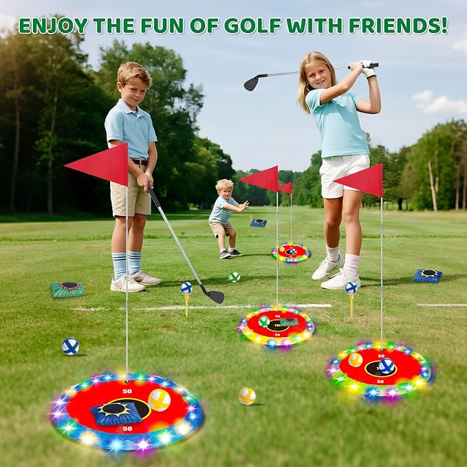 Light Up Golf Play Set - Upgraded Backyard Golf Chipping Game with 6 LED Targets, 2 Clubs, 18 Balls, 6 Bean Bags, Night Golf Toys Gifts for Kids Golfers Family Indoor Outdoor Beach Lawn Park