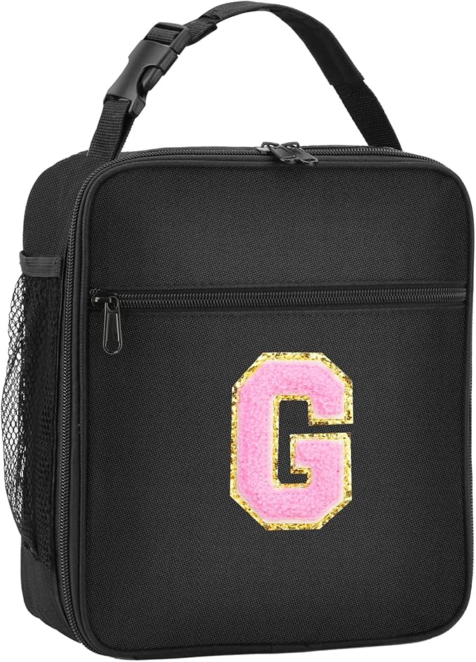 Initial Insulated Lunch Bag, Lunch Box with Initial Letter Patch for Teen Adult, Reusable Lunch Bag for Men Women, Ideal Back to School Gift Birthday Gift, Pink G