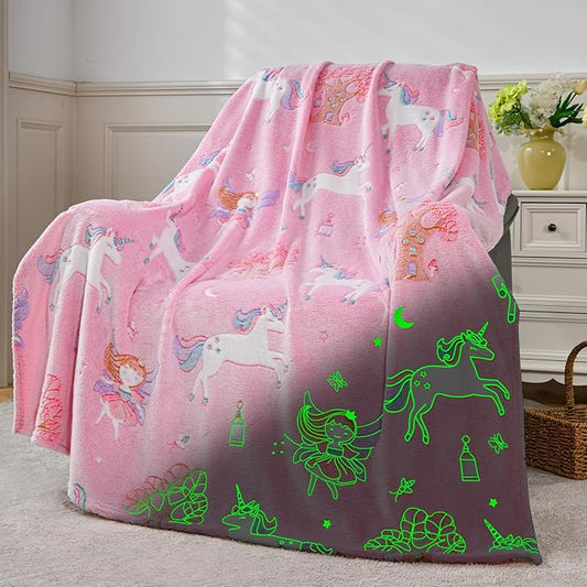 Glow in The Dark Unicorn Blanket,Unicorn Gifts Toys for Girls,Birthday Presents Decor for Kids Age 3-14 Year Old Daughter Teen Child Toddler Soft Luminous Christmas Bedroom Blanket (50"x60")