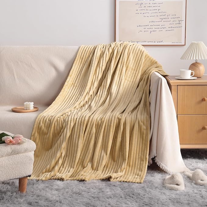 NTBAY Plush Flannel Twin Bed Blanket, 60x80 Inches Soft and Warm Lightweight Blanket with Striped Texture for Couch, Sofa, All Seasons, Khaki