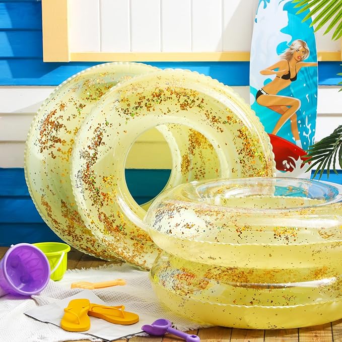 ShinyRelief 4 Pcs Inflatable Glitter Pool Float 30'' Macaron Swim Tube with Gold Confetti Swim Inner Tube for Adults Pool Floats Rings for Summer Beach Swimming Pool Bachelorette Party