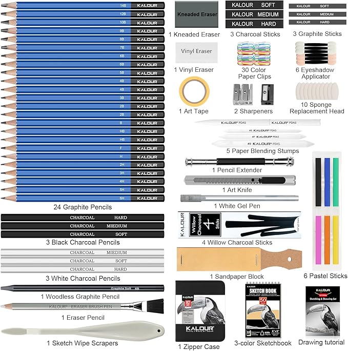 112 Drawing Set Sketch Kit, Pro Art Supplies with 3-Color Sketchbook, Graphite, Charcoal Pencils, Art Drawing Kit for Artists Adults Teens Beginners, Ideal for Shading & Blending