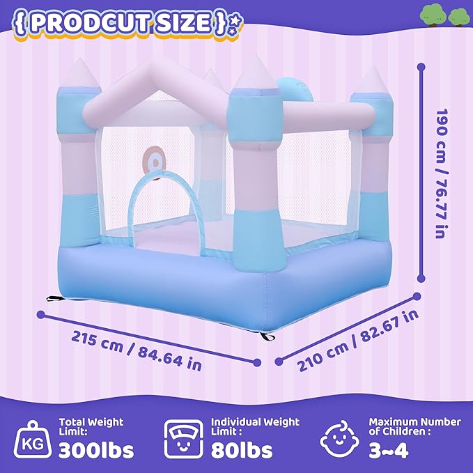 Bounce House Inflatable Bouncer with Blower, Colorful Bouncy Castle with Basketball Hoop and Sticky Ball Game for Kids 3-8